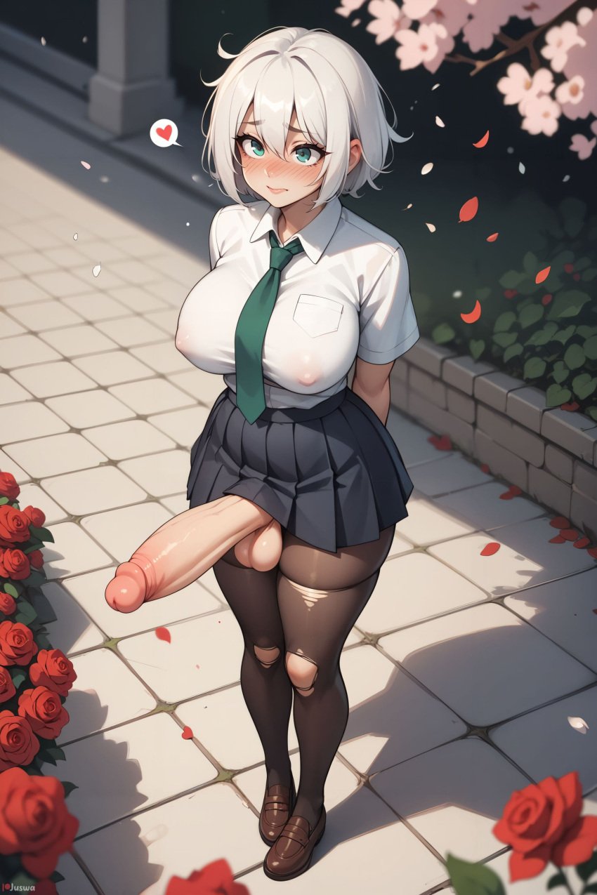 1futa ai_generated arms back bangs behind between black blush breasts clothes collared covered erect_penis erection eyes female flower futa_only futa_sans_pussy futanari hair heart huge huge_cock juswa large loafers necktie nipples outdoors pantyhose penis petals pleated rose school school_uniform shirt shoes short skirt sleeves solo spoken standing testicles torn uncensored uniform white