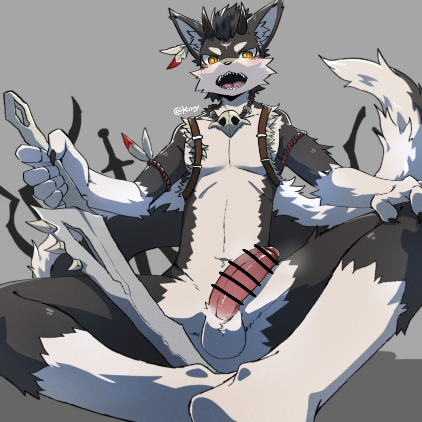 2023 5_fingers a8295536 angry anthro balls bent_legs black_body black_fur canid canine canis censored censored_genitalia censored_penis chinese_description claws erection fingers fur genitals grey_background hi_res holding_object holding_weapon horn humanoid_genitalia humanoid_penis looking_at_viewer male mammal nude_male penis simple_background sitting solo weapon white_body white_fur wolf