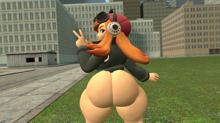 3d 3d_(artwork) big_ass big_butt booty bottomless_female bubble_butt idiotboxangel looking_at_viewer meggy_spletzer smg4 v_sign