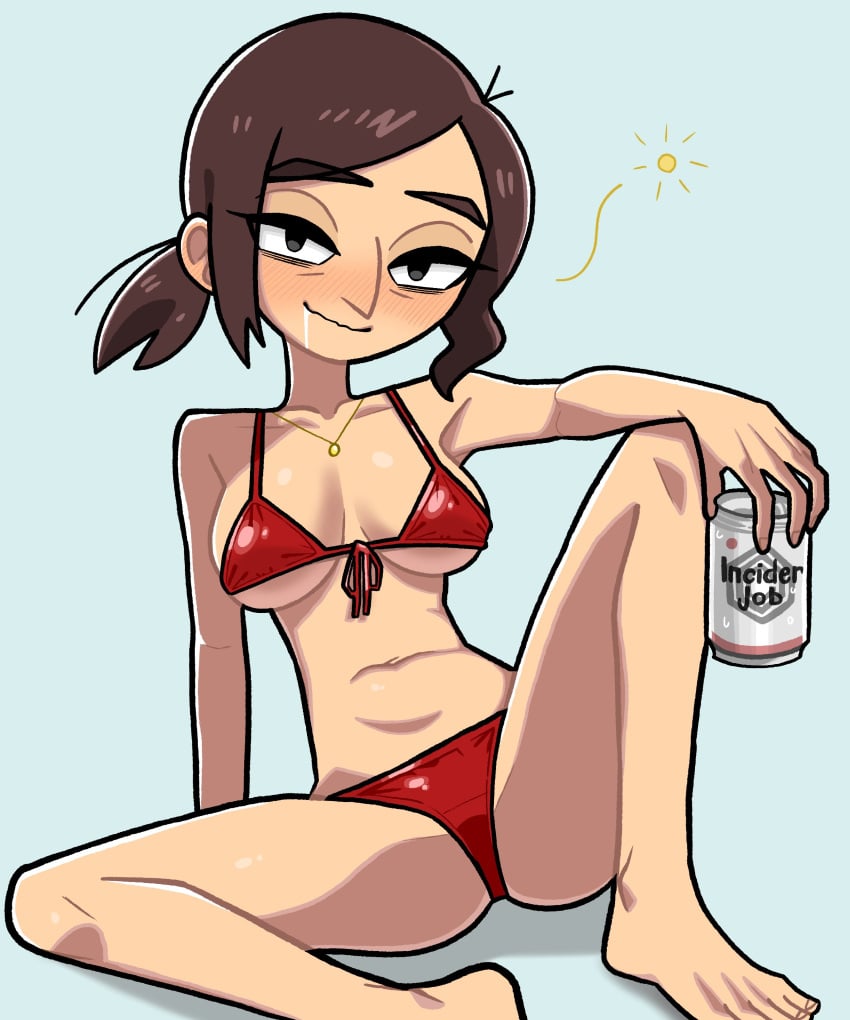 1girls beer beer_can bikini brown_hair drunk inside_job light-skinned_female light_skin looking_at_viewer mature_female medium_breasts micro_bikini n___k___m reagan_ridley sitting