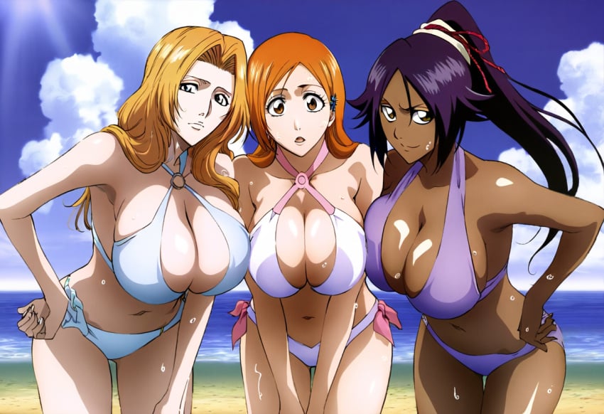 3girls ai_generated beach big_breasts bikini bleach bleach:_the_thousand-year_blood_war boob_window boobs breasts breasts_to_breasts breasts_touching cleavage deep_cleavage dripping hand_on_hip hands_on_thighs huge_breasts inoue_orihime leaning_forward looking_at_viewer massive_breasts matsumoto_rangiku naughty_face open_mouth pose posing_for_picture posing_for_the_viewer self_upload shihouin_yoruichi smile sweat sweaty sweaty_body sweaty_breasts thick_thighs thigh_gap trio trio_female wallpaper wet yeetyboi5000