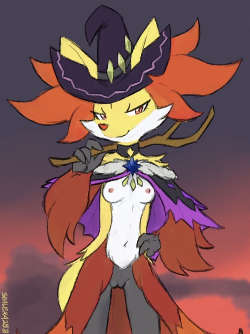 2024 4_fingers anthro areola breasts cloak clothed clothing delphox female fingers front_view fur generation_6_pokemon genitals hand_on_hip hand_on_own_hip hat headgear headwear hi_res holding_object holding_stick inner_ear_fluff looking_at_viewer navel nintendo nipples partially_clothed pokemon pokemon_(species) pussy red_body red_eyes red_fur sealer4258 small_breasts smile solo standing stick tuft witch_hat yellow_body yellow_fur