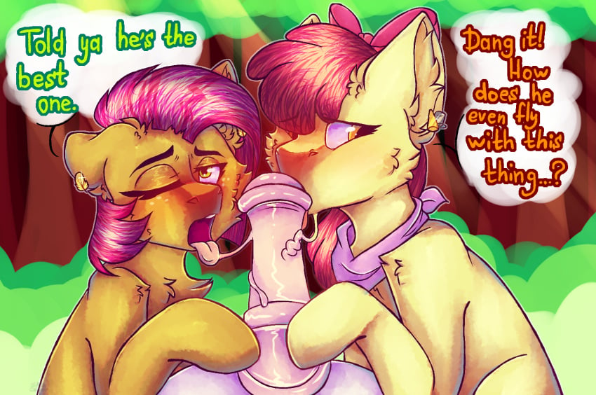 1boy 2girls adult aged_up apple_bloom_(mlp) babs_seed_(mlp) black_marker_(artist) blowjob blush bow commission ear_piercing earrings earth_pony faceless_male featherweight_(mlp) female friendship_is_magic gangbang group_sex jewelry licking licking_penis male mare my_little_pony nudity offscreen_character offscreen_male oral pegasus penis piercing sex speech_bubble stallion straight threesome tongue_out ych ych_result