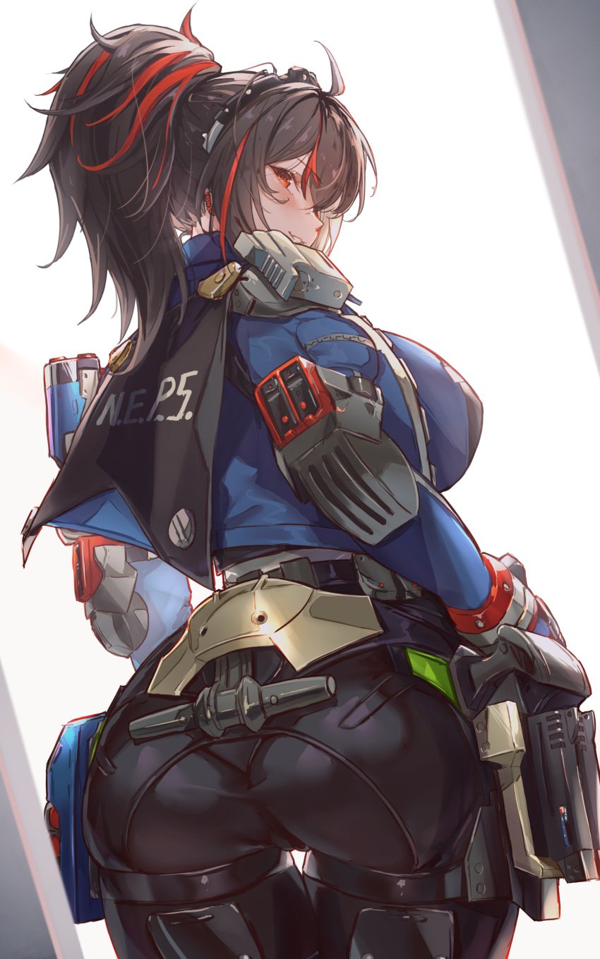 absurdres ass back black_hair blush breasts female gloves grin handlebar handles highres large_breasts long_hair long_sleeves looking_at_viewer looking_back multicolored_hair ponytail red_eyes red_hair smile solo streaked_hair thighs ura_illust weapon zenless_zone_zero zhu_yuan