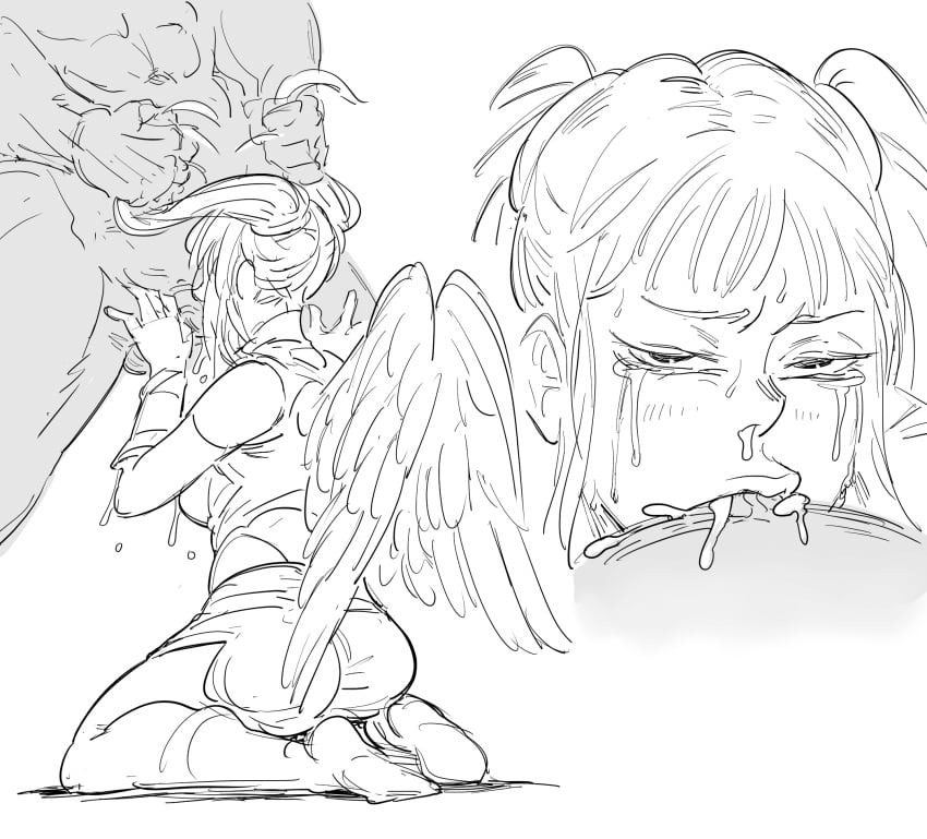 1boy 1girls angel_wings bb_(baalbuddy) blowjob cum cum_in_mouth cum_inside face_fucking fellatio female goddess hi-rez_studios jing_wei_(smite) kneeling male mythology oral oral_sex rough_oral rough_sex sketch smite swallowing swallowing_cum tears twintails