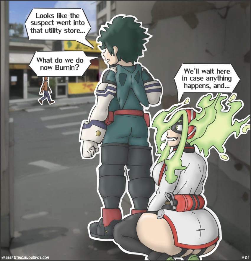 1boy 1girls 2d ass big_ass big_butt boku_no_hero_academia burnin_(my_hero_academia) comic comic_page deku dialogue female fire flaming_hair freckles freckles_on_face from_behind green_hair hero_outfit_(mha) heroine izuku_midoriya light-skinned_female light_skin long_hair male moe_kamiji my_hero_academia smile smiling squatting thick thick_legs thick_thighs thighhighs thighs warbeastinc. wide_hips yellow_eyes