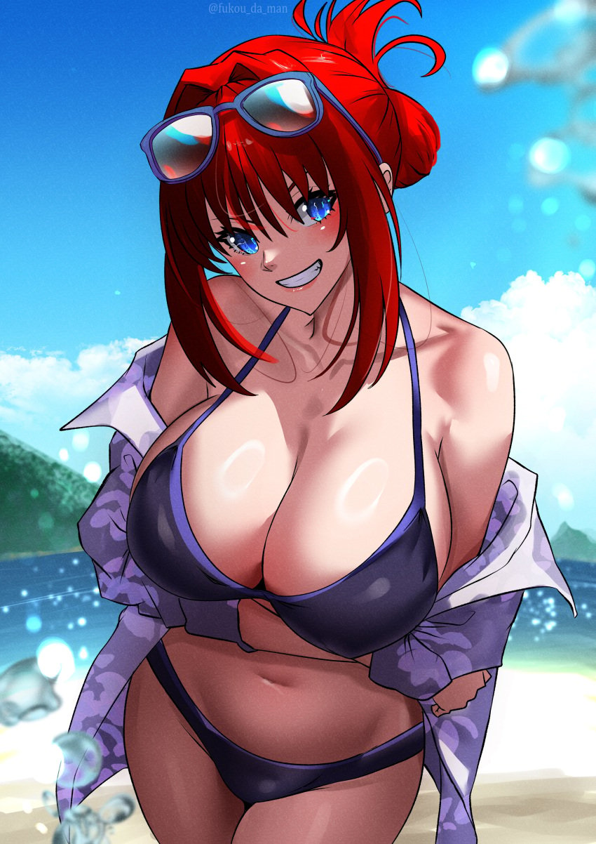 1girls 2024 aozaki_aoko artist_name beach belly belly_button big_breasts blue_eyes blush breasts cleavage collarbone eyebrows fukou_da_man grin hair_intakes mahou_tsukai_no_yoru melty_blood outdoors red_hair sky smile solo solo_female solo_focus sunglasses sunglasses_on_head swimsuit tied_hair tsukihime type-moon