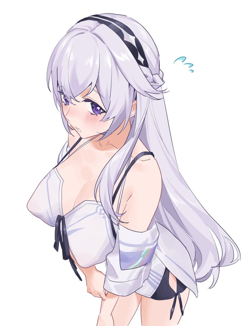 absurdres airseal bare_shoulders black_shorts blush braid breasts calabiyau cleavage collarbone female flying_sweatdrops hairband highres large_breasts long_hair off_shoulder purple_eyes short_shorts shorts simple_background solo white_background white_hair xinghui_(calabiyau)