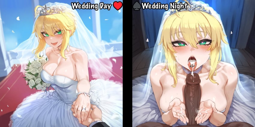 1boy 1girls 2koma after_fellatio ahoge ai_generated aipotions artoria_pendragon bangs bare_shoulders blonde_hair blush bouquet braid breasts bridal_veil bride cheating cheating_on_wedding_day cheating_wife cleavage clothing completely_nude crown cuckold curvaceous curvaceous_female curvaceous_figure curvy curvy_figure dark-skinned_male dark_skin dress english_text fate/grand_order fate/stay_night fate_(series) female female_focus flower green_eyes hair_between_eyes headdress headwear heart heart-shaped_pupils holding instant_loss instant_loss_2koma interracial jewelry large_breasts large_penis long_hair looking_at_viewer male male_pov netorare nipples ntr open_mouth oral penis petals ring saber semen sex sidelocks smile solo_focus straight strapless_dress symbol-shaped_pupils tiara tongue tongue_out uncensored veil veins veiny_penis voluptuous voluptuous_female wedding_dress wedding_ring white_dress