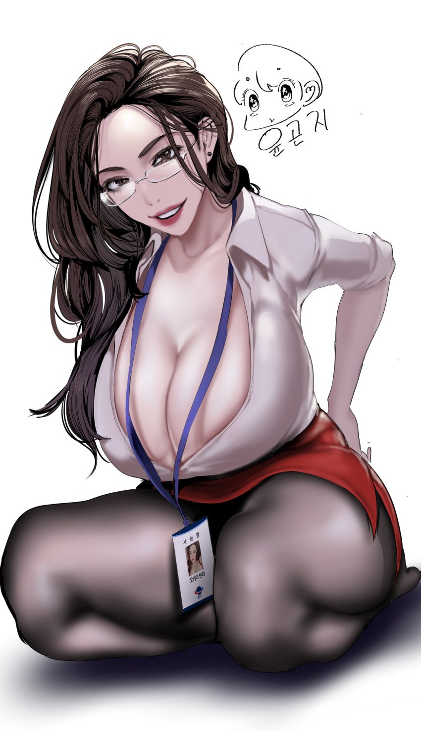 2d absurdres anri_okita breasts brown_eyes brown_hair cleavage earrings female female_only glasses hands_on_own_hips highres huge_breasts id_card jewelry korean_commentary korean_text long_hair looking_at_viewer miniskirt office_lady pantyhose porn_star real_life real_person seiza shadow shirt sitting skirt sleeves_rolled_up smile solo teeth thighs white_background white_shirt yoongonji