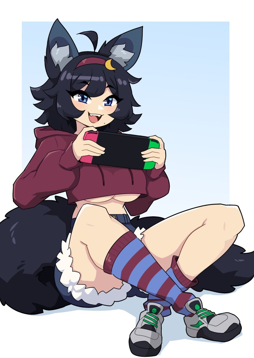 1girls ahoge black_hair blue_eyes commission cropped_hoodie female female_only fox_ears fox_girl fox_tail game_console hairband hi_res hoodie j5daigada looking_at_viewer nintendo_switch shoes shorts sitting smiling smiling_at_viewer socks solo striped_socks tail underboob