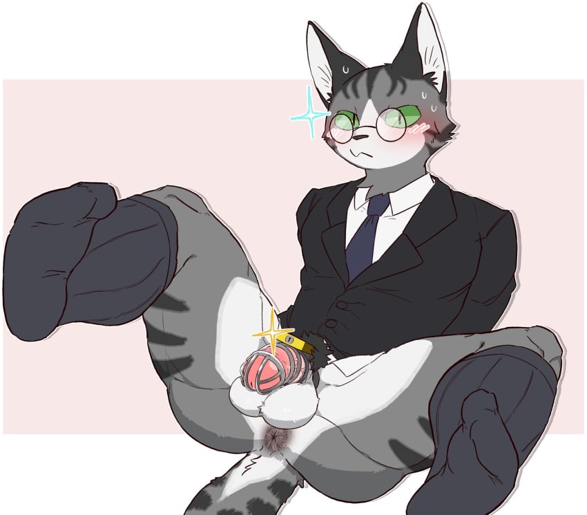 anthro anus black_anus black_body black_fur blush bodily_fluids bottomless business_suit chastity_cage chastity_device clothed clothing domestic_cat eyewear felid feline felis fur glasses green_eyes hi_res lock long_socks male mammal multicolored_body necktie padlock simple_background sitting solani_poteto solo striped_body stripes suit sweat three-quarter_view white_body white_fur