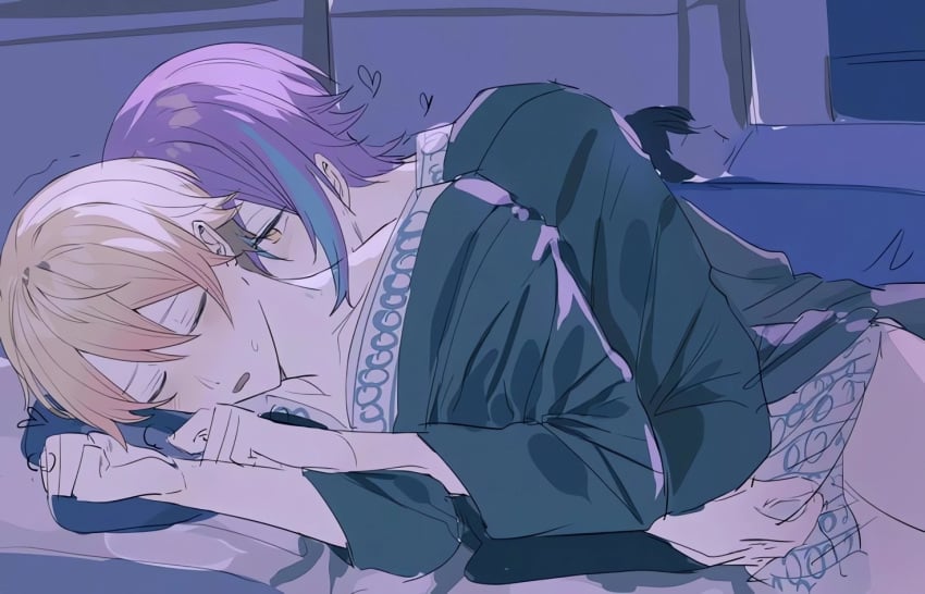 2boys asleep blonde_hair closed_eyes cyan_hair gay kamishiro_rui kissing_while_penetrated neck_kiss project_sekai purple_hair rape secretly_loves_it someone_can_see teasing tenma_tsukasa