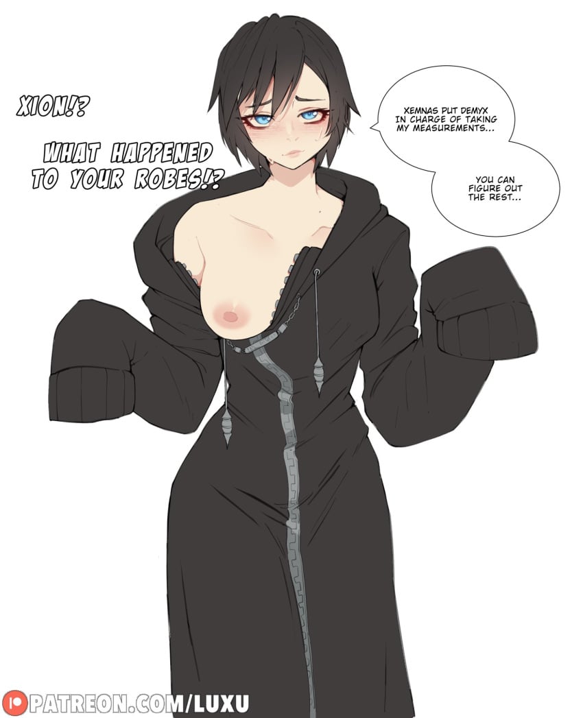 1girls areolae black_hair black_robe blue_eyes breasts dialogue english_text female female_only hi_res kingdom_hearts looking_at_viewer luxurias nipples nude_underneath one_breast_out organization_xiii robe short_hair smiling smiling_at_viewer solo speech_bubble square_enix talking_to_viewer unzipped white_background wide_sleeves xion