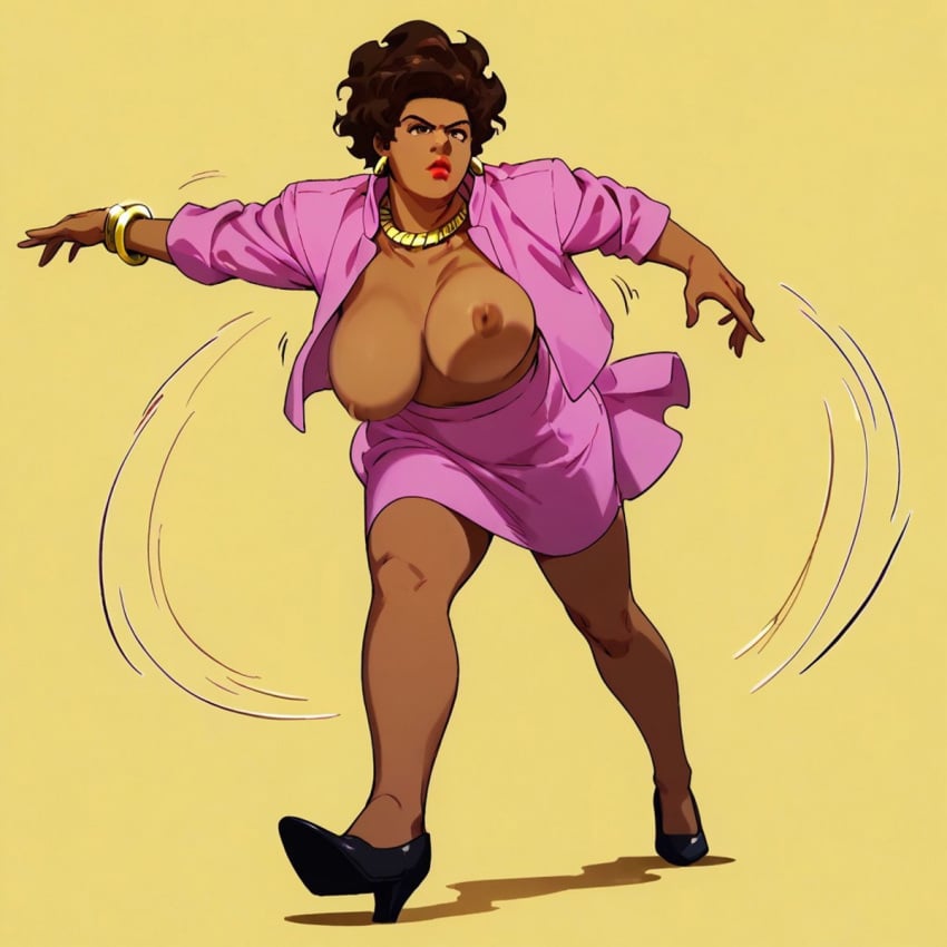 1girls ai_generated amanda_waller areola areolae big_breasts black_hair black_high_heels bouncing_breasts bracelet breasts brown_body brown_skin clothed clothing dancing dark-skinned_female dark_skin dc dc_comics female female_only hair high_heels jacket jewelry leaning leaning_forward lips lipstick looking_at_viewer makeup mature mature_female mature_woman milf motion_lines necklace nipples no_bra open_clothing open_jacket pink_clothing pink_jacket pink_skirt red_lips red_lipstick shadow short_hair simple_background skirt solo solo_female suicide_squad suicide_squad_isekai thick_thighs topless topless_female walking yellow_background