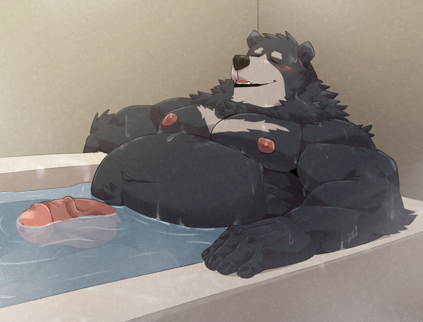 2024 absurd_res anthro bathing bathtub bear belly big_belly black_body black_fur black_nose closed_eyes fur hi_res humanoid_hands jumperbear kemono male mammal moobs musclegut muscular nipples overweight overweight_male solo