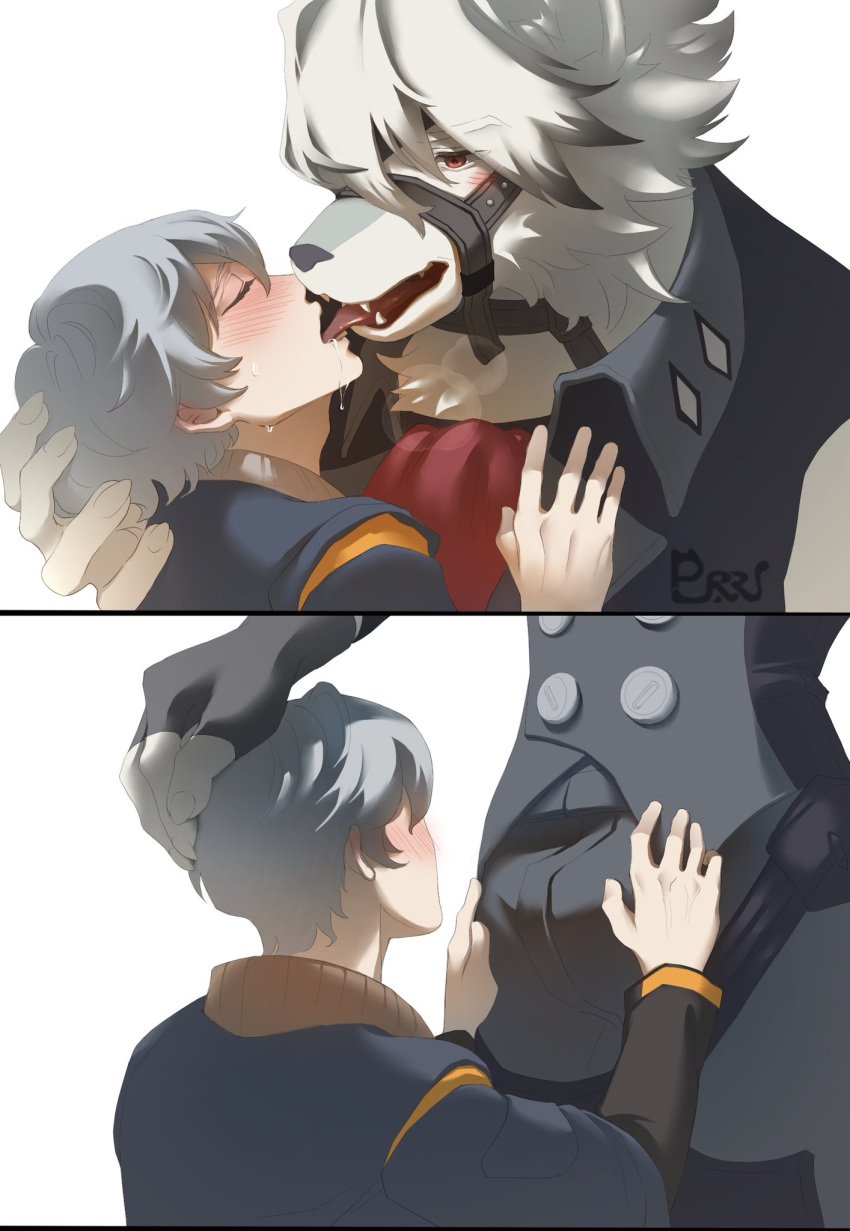 anthro blush bulge canid canid_humanoid canine canis closed_eyes erection fur gay hand_on_head human kissing male male/male male_focus male_only mammal penis purrana tongue tongue_kiss tongue_out von_lycaon white_body white_fur wise_(zenless_zone_zero) wolf wolf_humanoid yaoi zenless_zone_zero