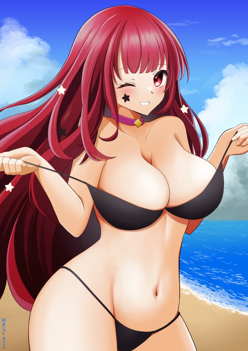 1girls ;d absurdres alternate_costume bare_shoulders beach bikini black_bikini black_swimsuit breasts choker cleavage facial_mark female female_only fire_emblem fire_emblem_engage grin groin hair_ornament highres large_breasts long_hair looking_at_viewer mizumura_(midu_mura) navel nintendo ocean off_shoulder one_eye_closed red_eyes red_hair smile solo star_(symbol) star_facial_mark star_hair_ornament string_bikini swimsuit undressing untied_bikini untied_bikini_top very_long_hair yunaka_(fire_emblem)