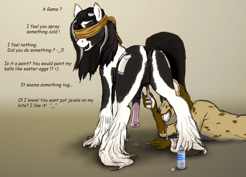 anthro anus balls bondage castrated castration cheating claws cock_and_ball_torture equine erection feral friendship_is_magic furry gelding gore gypsy horse horsecock hyena lostdragon01 male my_little_pony penis plain_background precum predator/prey