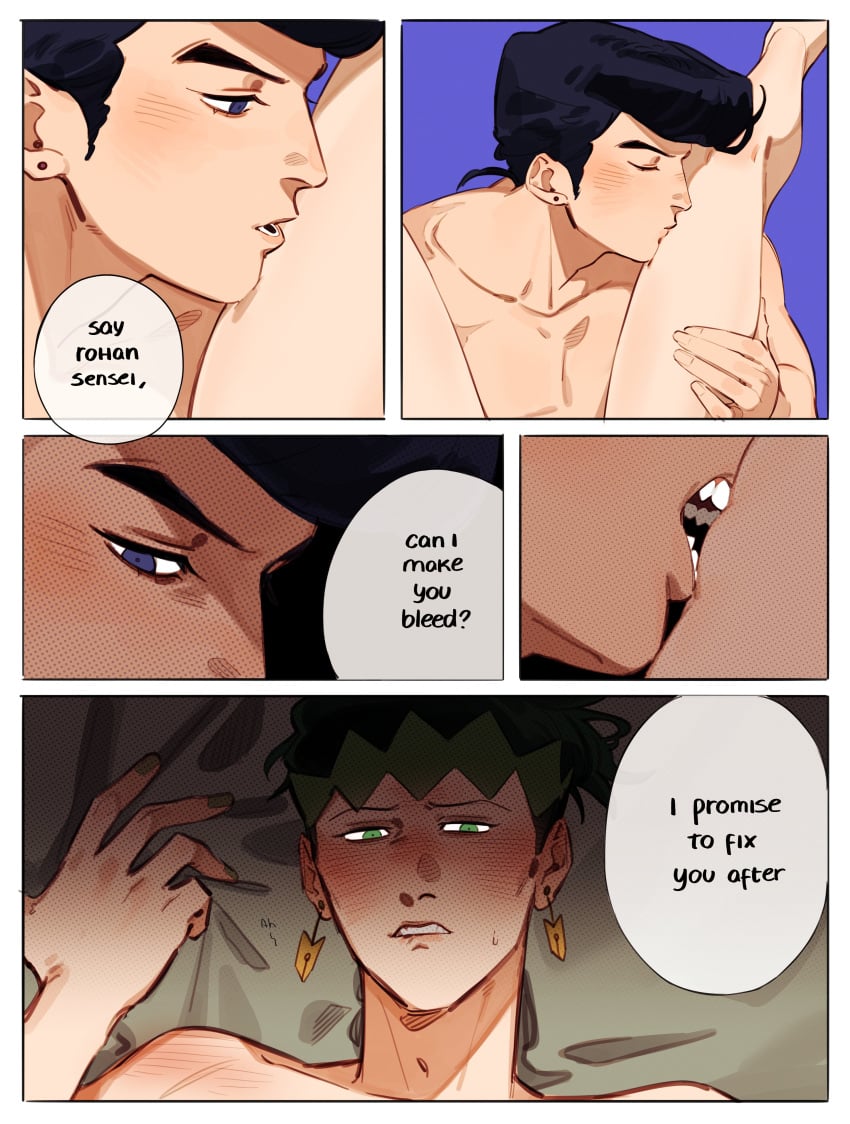 2boys akihikotaru biting_leg dialogue diamond_is_unbreakable earrings gay green_eyes jojo's_bizarre_adventure josuke_higashikata kissing_leg male male/male male_only panels rohan_kishibe text yaoi