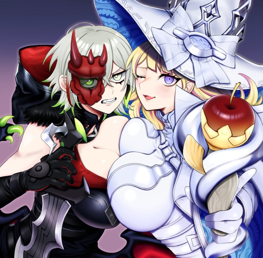 2girls annoyed_expression apple breast_press clothed dagger diabellstar_the_black_witch diabellze_the_original_sinkeeper duel_monster hood_down mask olf_factory oquri763 pressing_breasts_together witch_hat yu-gi-oh!