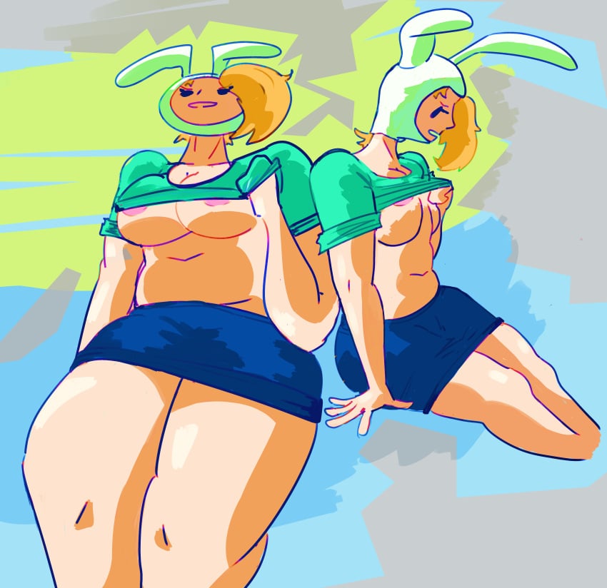 1girls abstract_background adventure_time cartoon_network clothing conch_lover female female_only fionna_the_human_girl from_below highres lifting_shirt no_bra original_artwork self_upload thighs tummy