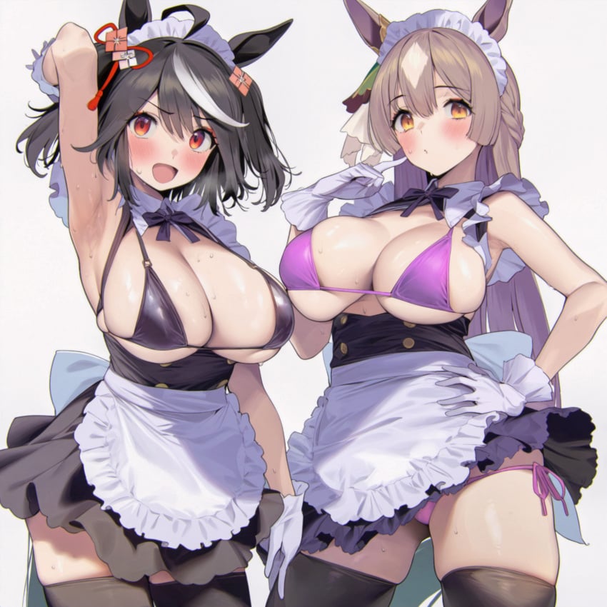 2girls ai_generated bikini kitasan_black_(umamusume) maid maid_bikini satono_diamond_(umamusume) umamusume umamusume_pretty_derby