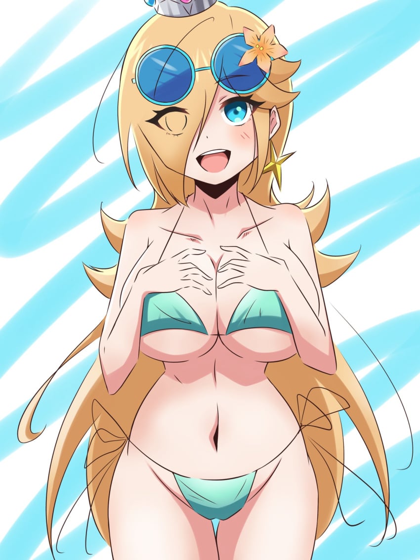 1girls bikini blue_eyes breasts earrings female female_only flower_in_hair light-skinned_female light_skin mario_(series) nintendo platinum_blonde_hair princess_rosalina solo star_earrings sunglasses_on_head swimsuit tagme yassrosalina