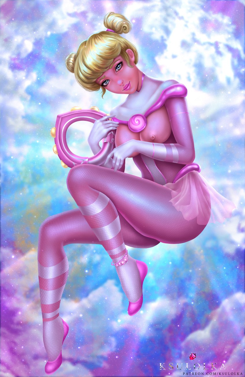 blonde_hair blue_eyes bodysuit breasts catsuit cute fringe levitation nipples pink_bodysuit rose_lavillant sky tambourine topless twintails