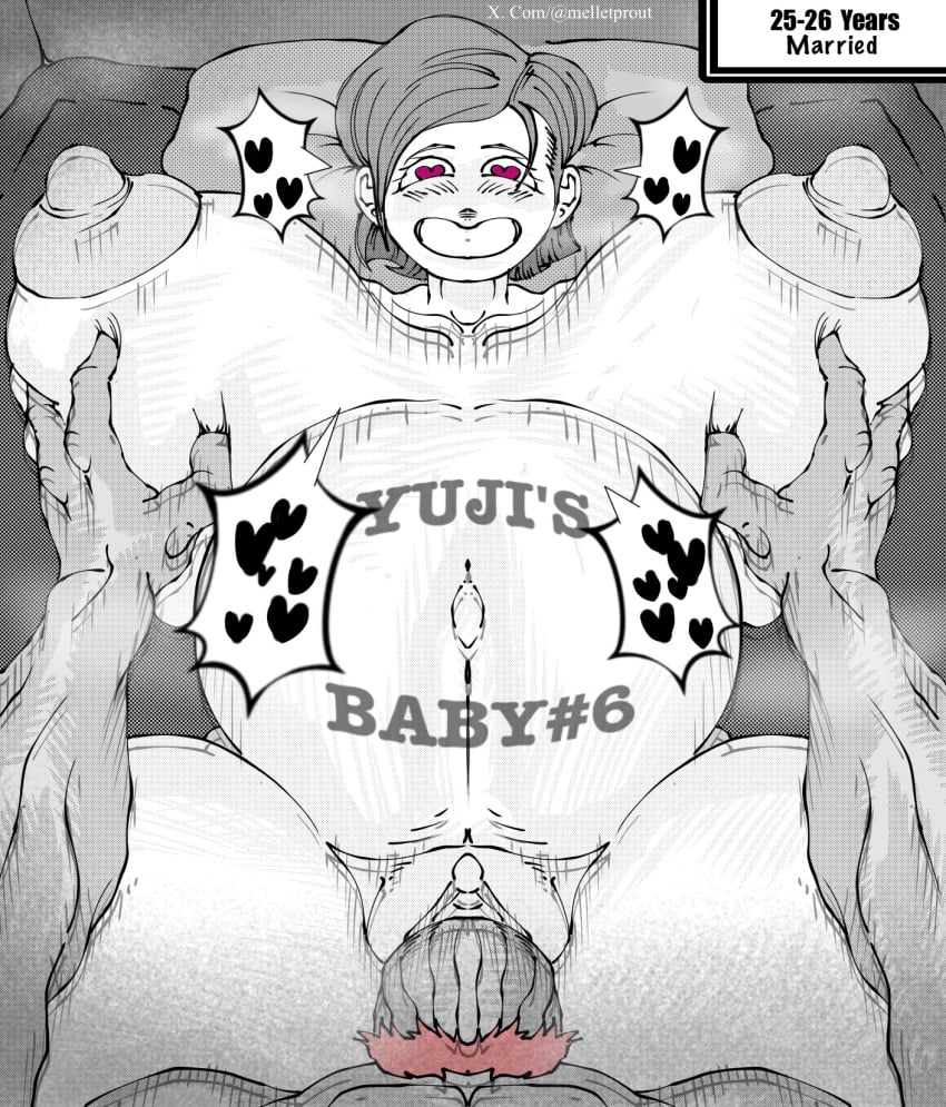 1boy 1boy1girl 1girls aged_up big_ass big_belly big_breasts big_butt big_muscles big_nipples big_penis big_thighs black_and_white body_writing child_bearing_hips english_text gigantic_breasts groping groping_breasts heart heart-shaped_pupils huge_ass huge_belly huge_breasts huge_butt huge_cock huge_thighs husband_and_wife itadori_yuuji jujutsu_kaisen kugisaki_nobara love married_couple massive_breasts massive_butt melletprout motion_lines on_bed penis pink_hair pregnant pregnant_belly pregnant_female pregnant_sex raw_sex rough_sex screentone shaved_pussy squished_breasts text text_bubble touching_breast