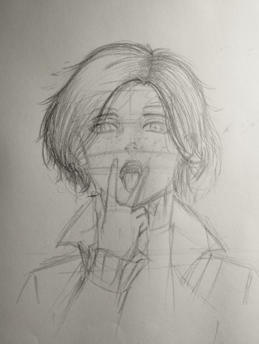 1boy 1femboy 1male boceto boy cunnilingus_gesture elegant femboy finger_in_mouth freckles greyscale handsome lies_of_p open_mouth pencil_(artwork) pinocchio pinocchio_(character) pinocchio_(lies_of_p) sketch solo solo_male teen_boy tounge_out twink
