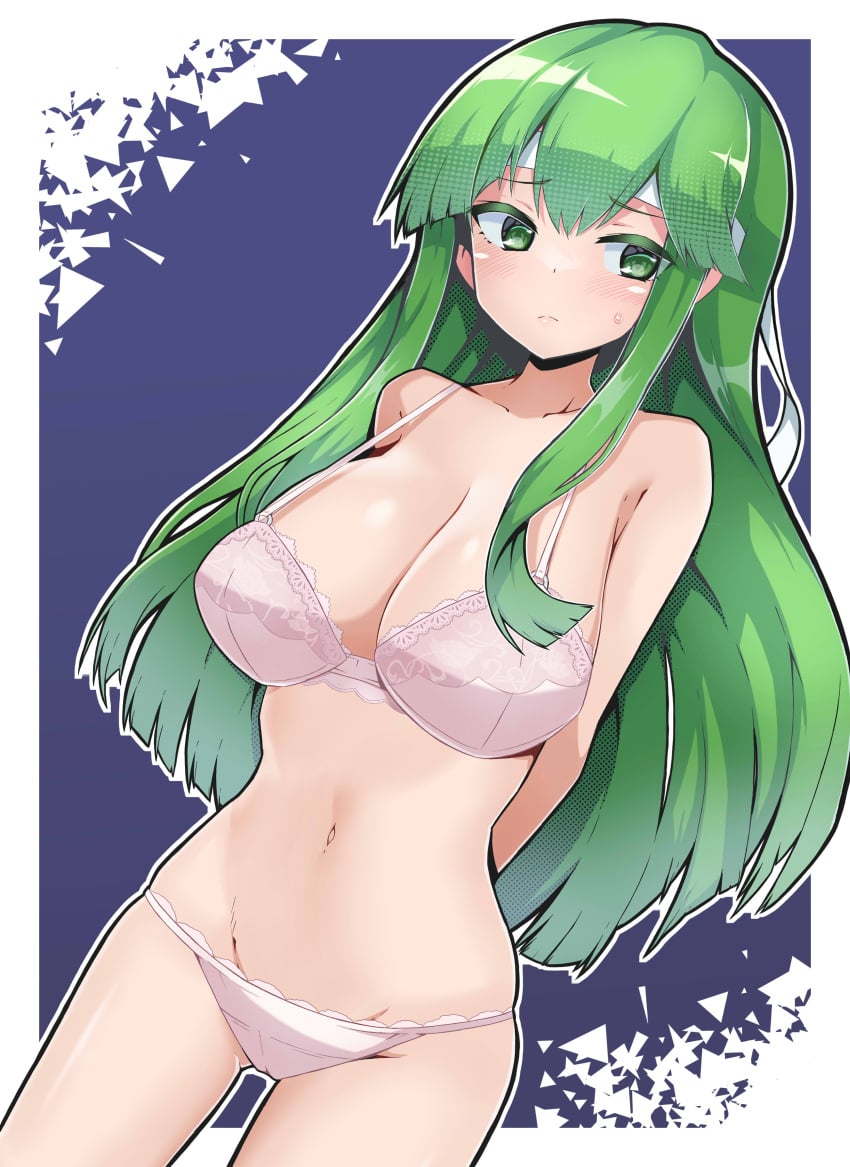 1girls arms_behind_back ass_visible_through_thighs bangs bare_arms bare_shoulders bare_thighs bra breasts cleavage collarbone female female_only fire_emblem fire_emblem:_mystery_of_the_emblem fire_emblem:_shadow_dragon_and_the_blade_of_light frown green_eyes green_hair headband large_breasts long_hair navel nintendo palla_(fire_emblem) panties partially_visible_vulva shoulders solo sweatdrop teddyfredy26 thighs underwear very_long_hair white_bra white_panties