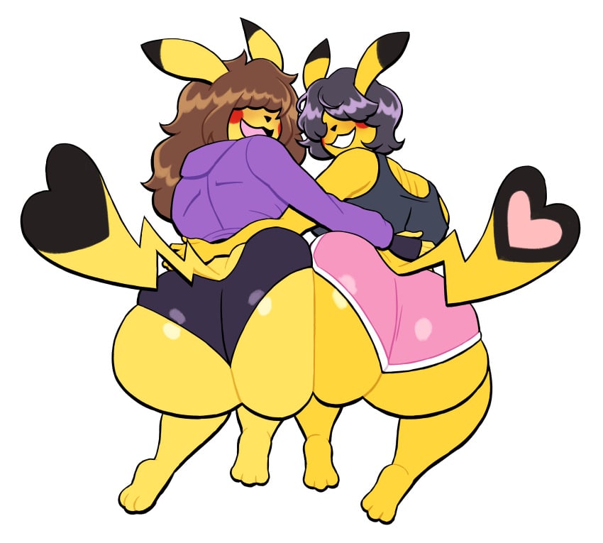 2girls anthro ass big_ass black_hair brown_hair bubble_butt dat_ass fat_ass female female_only hair_over_eyes huge_ass large_ass looking_at_viewer looking_back lovetopullmicke pikachu png pokemon pokemon_(species) thick_ass thick_thighs white_background wide_hips