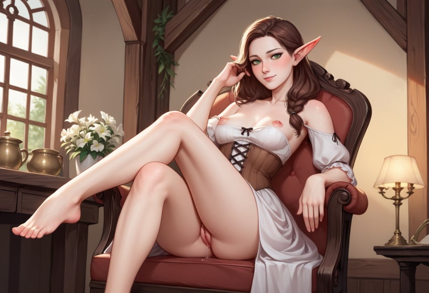 1girls ai_generated anaslex ass braid braided_hair breasts breasts_out brown_hair chair corset corset_dress crossed_legs detached_sleeves dress dripping dripping_pussy elf elf_ears elf_female exposed_breasts exposed_pussy feet foot_fetish freckles green_eyes hand_in_hair hi_res legs medium_breasts nipples nipples_outside pointy_ears pose posing pussy pussy_juice seductive seductive_look seductive_smile sitting solo thighs vagina