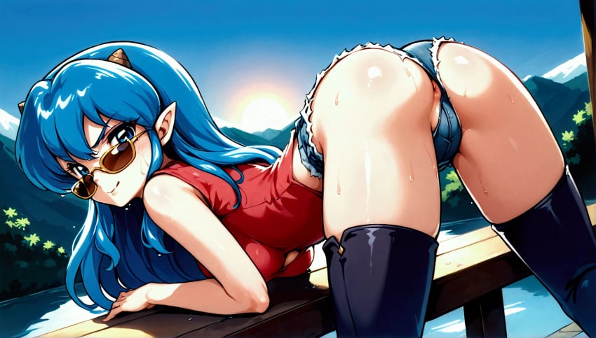 ai_generated anus ass looking_at_viewer looking_back looking_over_eyewear looking_over_sunglasses lum nature oni_female pointy_ears seaart.ai sunglasses sunlight tinted_eyewear torn_shorts urusei_yatsura