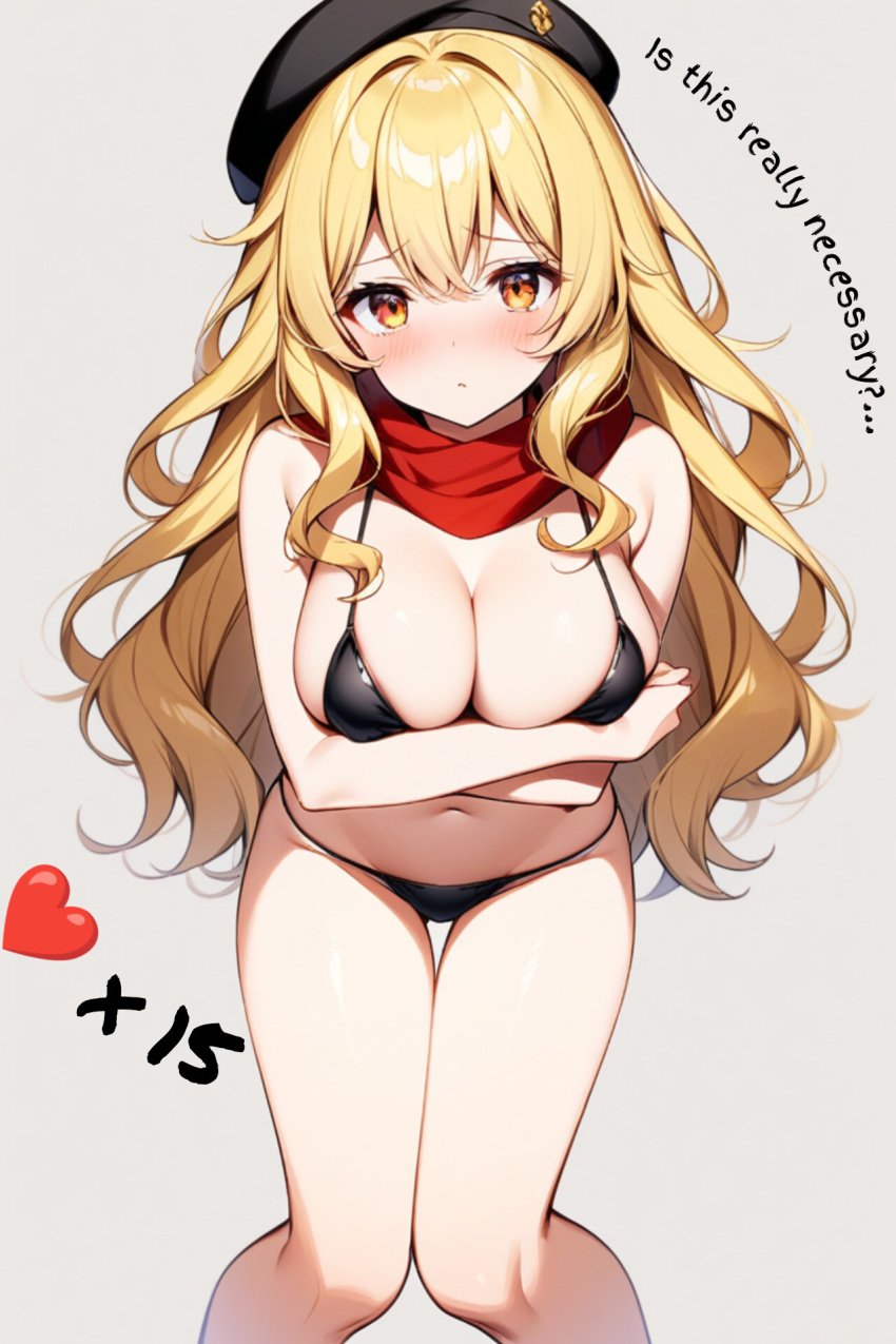 1girls ai_generated beret bikini blonde_hair female flan_(flanofart) flanofart mini_bikini orange_eyes scarf solo solo_female tagme