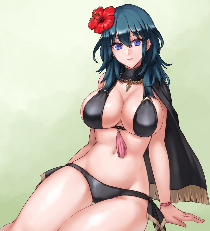 alternate_costume bikini black_bikini black_swimsuit blue_eyes breasts byleth_(female)_(summer)_(fire_emblem) byleth_(fire_emblem) byleth_(fire_emblem)_(female) cleavage female female_only fire_emblem fire_emblem:_three_houses fire_emblem_heroes hazuki_(nyorosuke) nintendo official_alternate_costume revealing_clothes solo swimsuit teal_hair