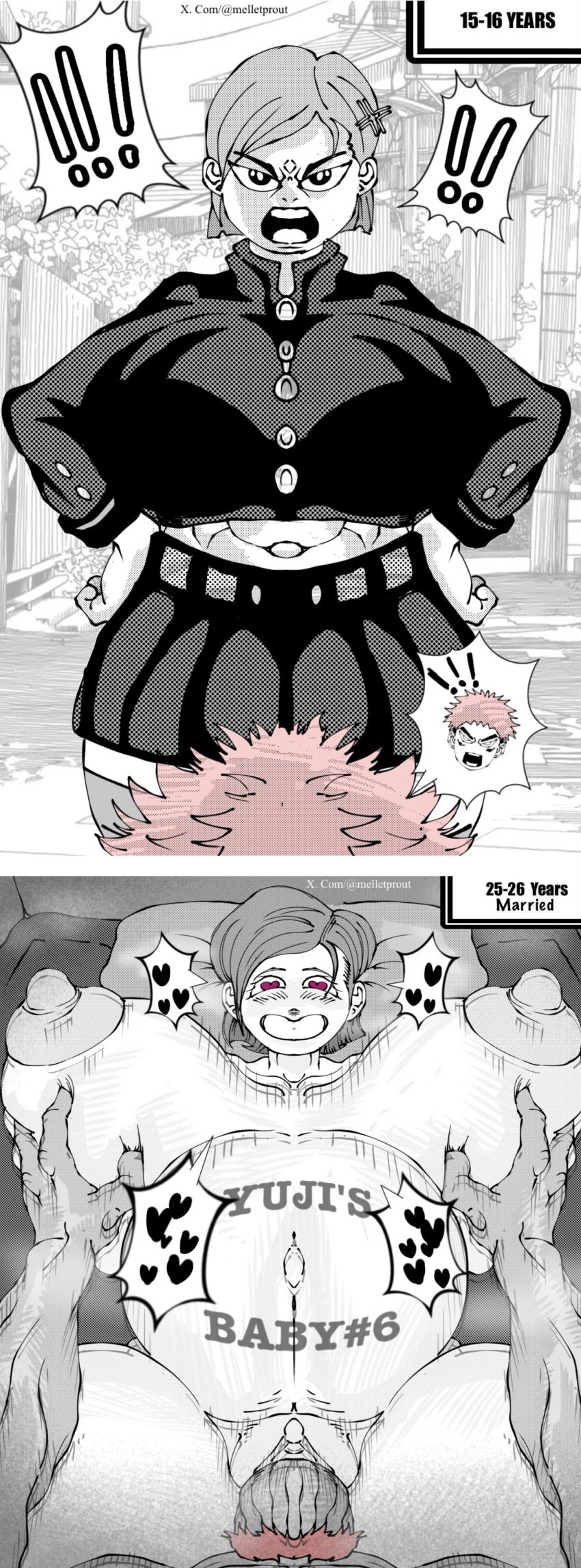 1boy 1boy1girl 1girls aged_up background belly big_ass big_belly big_breasts big_butt big_muscles big_nipples big_penis big_thighs black_and_white child_bearing_hips clothing comic english_text gigantic_breasts groping groping_breasts heart heart-shaped_pupils huge_ass huge_belly huge_breasts huge_butt huge_cock huge_thighs husband_and_wife imminent_sex itadori_yuuji jujutsu_kaisen kugisaki_nobara love married_couple massive_breasts massive_butt melletprout motion_lines on_bed penis pink_hair pregnant pregnant_belly pregnant_female pregnant_sex raw_sex rough_sex schoolboy schoolgirl screentone shaved_pussy squished_breasts text text_bubble touching_breast vaginal_penetration