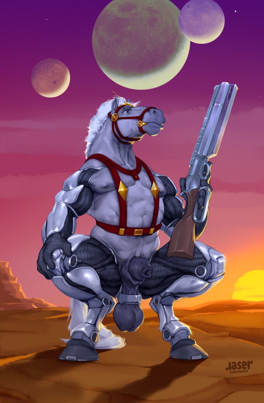 animal_genitalia anthro ball_ring ball_stretcher balls big_balls big_penis crouching cybernetic_arm cybernetic_leg cybernetic_limb cybernetics cyborg detailed_background equid equine genitals grey_body gun hair hand_on_knee hand_on_leg hand_on_own_knee hand_on_own_leg harness hi_res holding_gun holding_object holding_ranged_weapon holding_rifle holding_weapon hooves horse laser_(artist) machine male mammal muscular muscular_anthro muscular_male nipples penis penis_tip ranged_weapon sheath solo thirty_thirty weapon white_hair