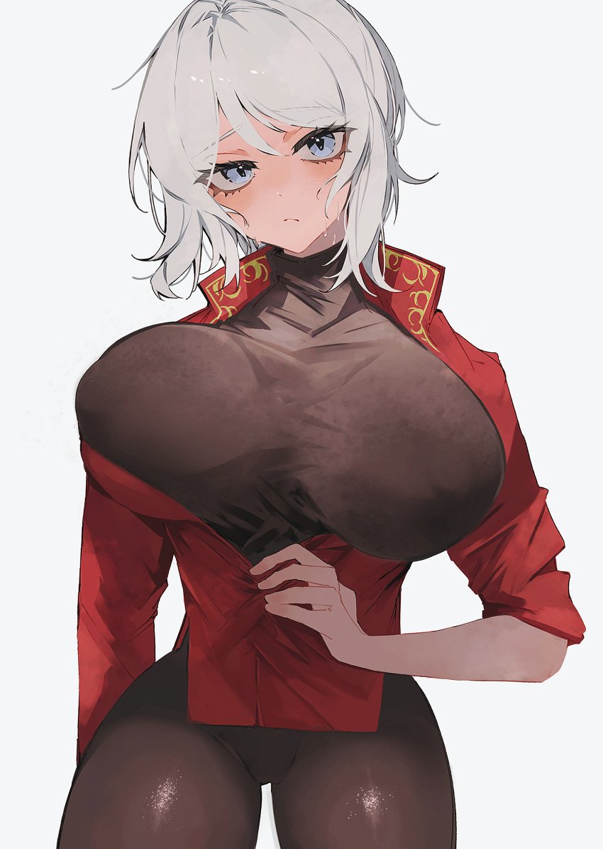 blue_eyes bodysuit breasts closed_mouth commentary_request faust_(limbus_company) faust_(project_moon) female highres large_breasts limbus_company long_sleeves looking_at_viewer nakame77 project_moon shirt short_hair simple_background solo sweat sweater white_background white_hair