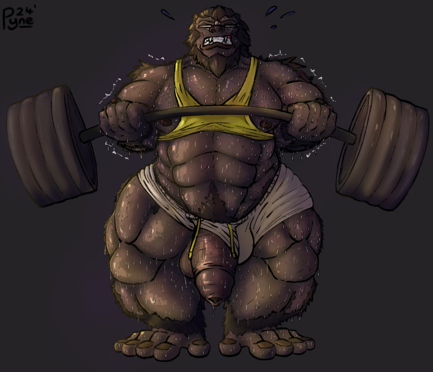 abs absurd_res ape barazoku biceps big_feet big_muscles big_penis black_body black_hair black_nipples black_skin blizzard_entertainment bodily_fluids bottomwear clothing exercise eyewear feet fingernails flaccid foreskin genitals glasses glistening glistening_body gorilla hair haplorhine hi_res huge_muscles hyper hyper_muscles male male_only mammal muscular nails nipples overwatch penis prehensile_feet primate pyne_(artist) shaking shirt shorts solo struggling sweat tank_top teeth thigh_muscles toenails toes topwear wardrobe_malfunction weightlifting white_bottomwear white_clothing white_shorts winston_(overwatch) workout yellow_clothing yellow_shirt yellow_tank_top yellow_topwear