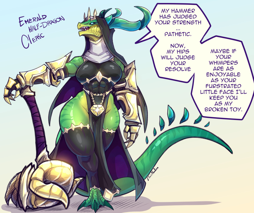 2024 absurd_res anthro armor big_breasts black_clothing breasts clothing crown dialogue dragon english_text female front_view gauntlets gloves green_body green_horn green_scales hammer handwear headdress headgear hi_res horn legwear lluisabadias long_horn long_tail melee_weapon muscular muscular_anthro muscular_female mythological_creature mythological_scalie mythology scales scalie solo speech_bubble tail text thick_thighs thigh_highs tight_clothing tools weapon wide_hips