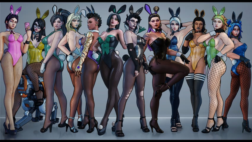 12girls 3d 6+girls adapted_costume alternate_costume animal_ears astra_(valorant) bare_legs bare_shoulders black_bow black_hair black_leotard blue_eyes blue_leotard blunt_bangs blunt_ends bow bowtie breasts brown_eyes brown_hair bunnysuit cleavage clove_(valorant) covered_navel deadlock_(valorant) detached_collar dove fade_(valorant) fake_animal_ears fake_tail female fishnet_legwear fishnets green_bow hairband high_heels highleg_leotard_bangs jett_(valorant) killjoy_(valorant) klara_böhringer large_breasts leotard ling_ying_wei long_hair looking_at_viewer medium_breasts multiple_girls neon_(valorant) open_mouth orange_bowtie pantyhose playboy_bunny purple_leotard rabbit_ears rabbit_tail raze_(valorant) reyna_(valorant) riot_games sage_(valorant) sfrinzy short_hair skye_(valorant) smile standing strapless strapless_leotard tail tattoo thong_leotard valorant viper_(valorant) white_leotard wrist_cuffs yellow_leotard yellow_neckwear