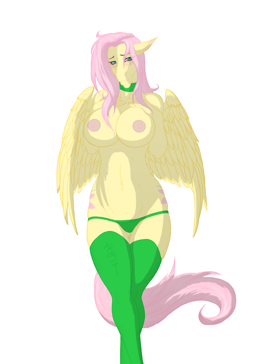 2012 anthro big_breasts blue_eyes blush breasts collar equine female fluttershy_(mlp) friendship_is_magic hair hi_res horse long_hair looking_at_viewer my_little_pony navel nipples omnoproxy omnoproxyl337 panties pegasus pink_hair pink_nipples pony ricofox smile solo standing stockings straight_hair thighs topless underwear wings yellow_feathers yellow_skin