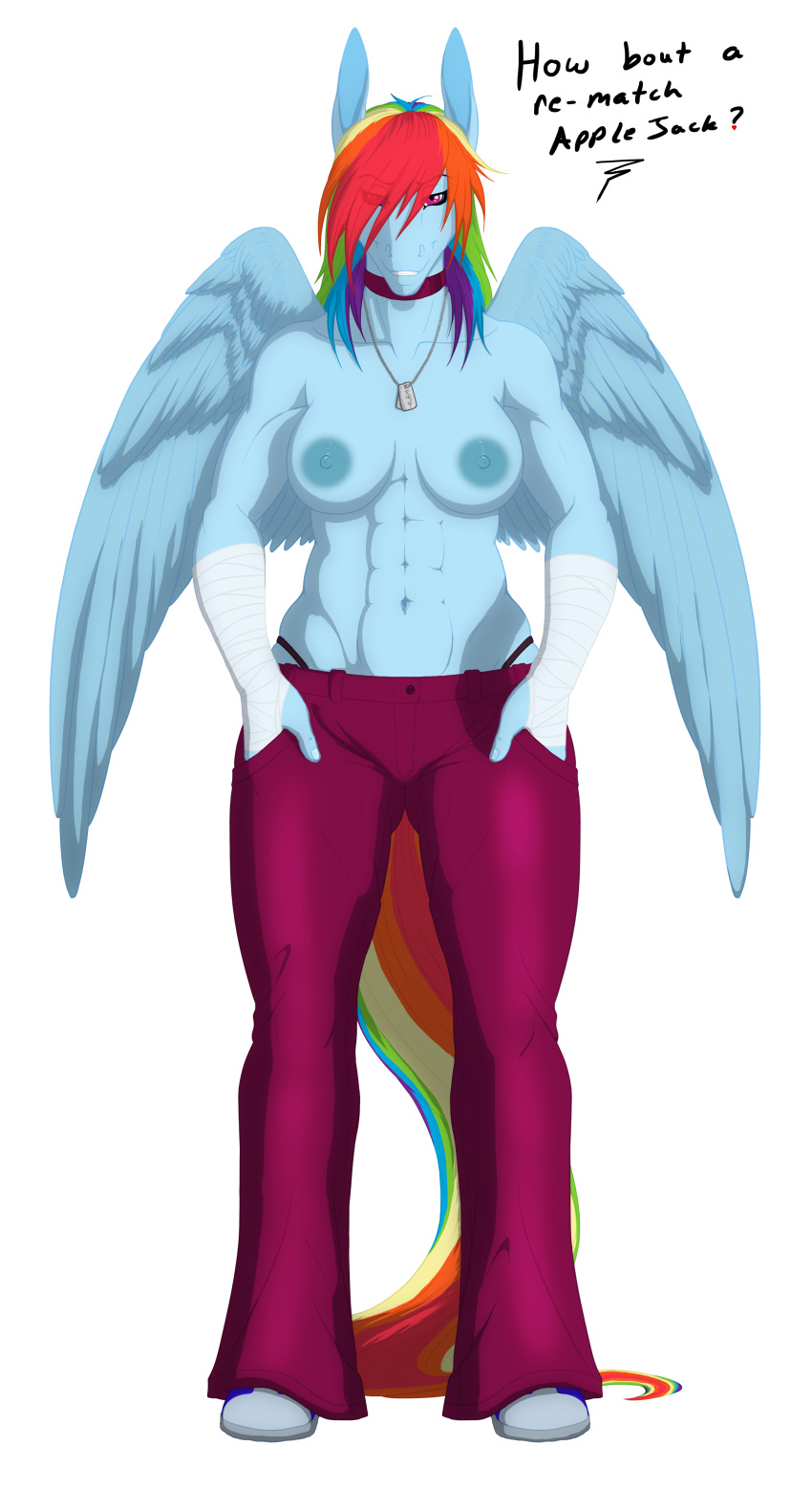 2012 alpha_channel bandage blue_feathers blue_nipples blue_skin breasts clothes collar dog_tags english_text feathers female friendship_is_magic hair high_resolution looking_at_viewer multicolored_hair muscles my_little_pony navel nipples omnoproxy omnoproxyl337 panties pants pink_eyes rainbow_dash_(mlp) rainbow_hair ricofox shoes smile smooth_skin solo standing text topless underwear wings