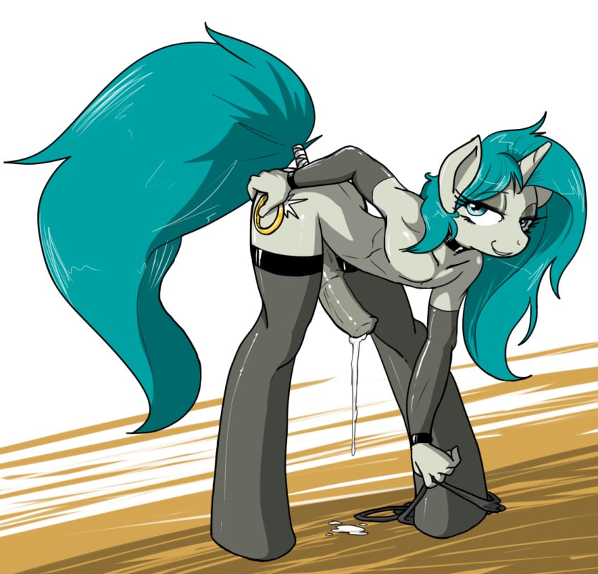 1boy bent_over collar cum cutie_mark equine erection friendship_is_magic girly green_hair hair horn horse horsecock looking_at_viewer male male_only my_little_pony penis pony reiduran solo stockings unicorn