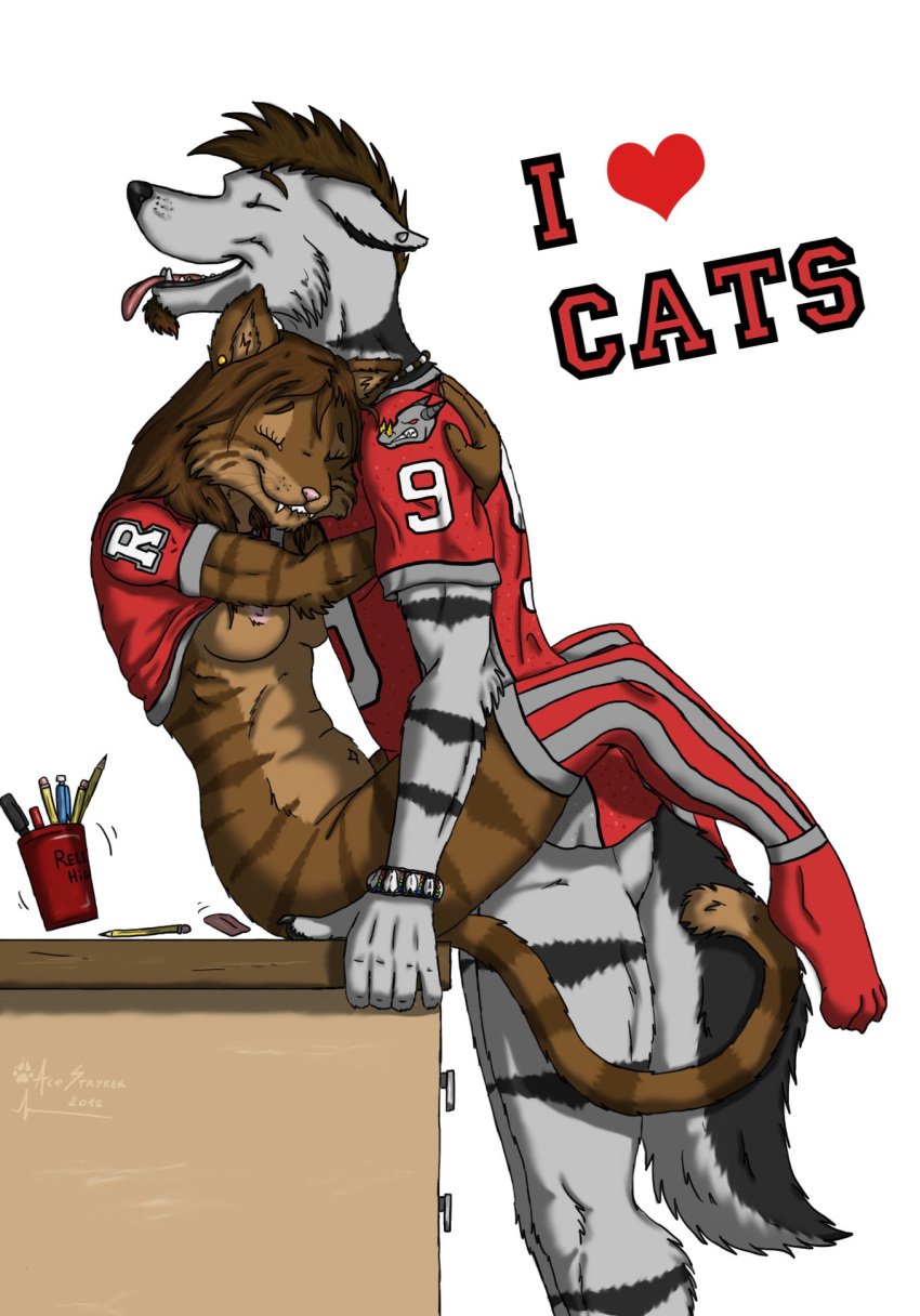 2012 ace_stryker anthro biting_lip bottomless bracelet brown_hair canine cheerleader desk feline female fur furry hair high_school jersey jewelry male panting partially_clothed penetration straight tongue vaginal_penetration wolf