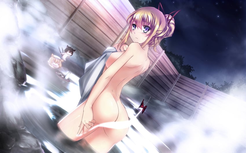 3girls animal_ears ass asskiler blonde_hair butt_crack cat_ears cat_tail censored chen covering dutch_angle fox_ears from_behind gap multiple_girls multiple_tails novelty_censor nude nude_cover onsen ran_yakumo sideboob steam tail touhou towel wallpaper yukari_yakumo