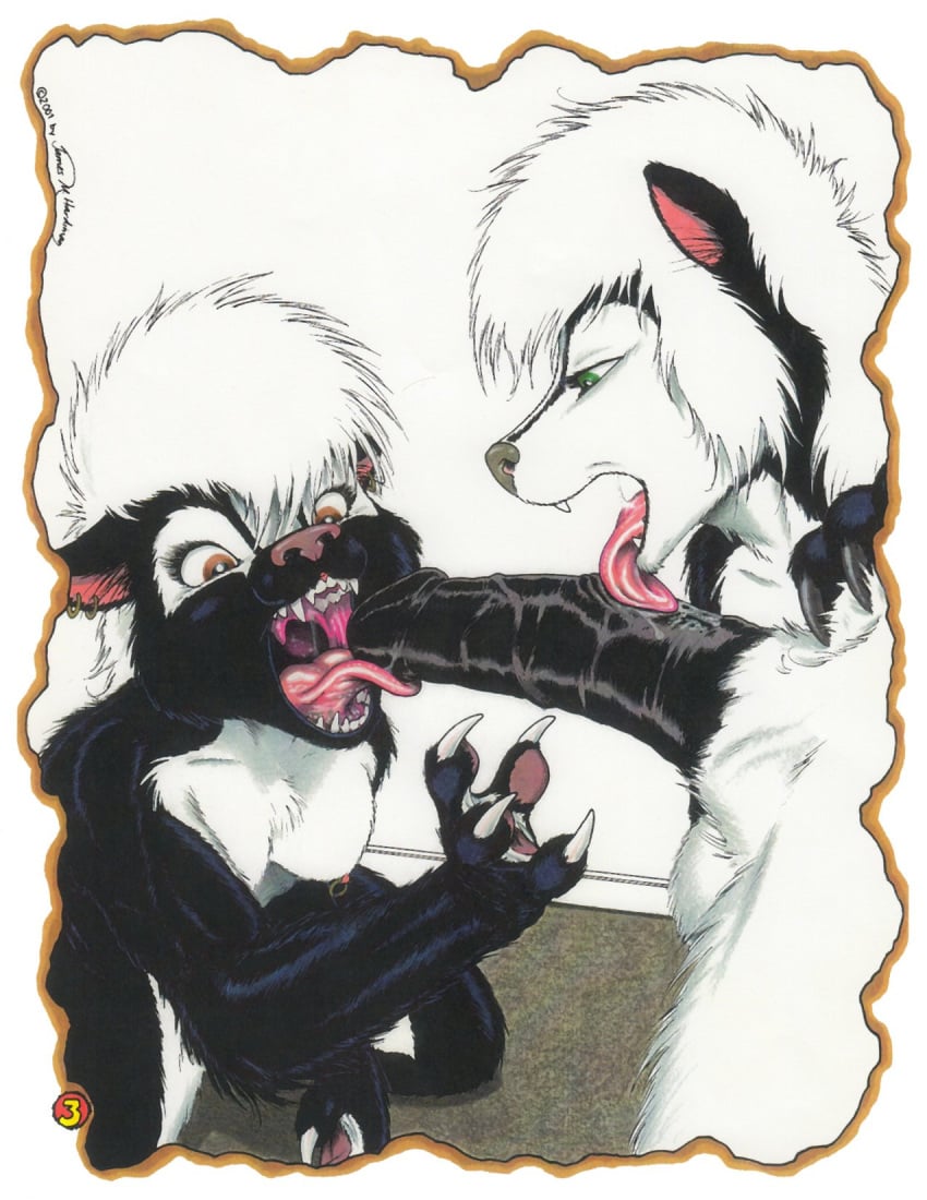 2001 bear claws comic fangs fellatio female interspecies james_m_hardiman licking lori_(jmh) male onyx_(jmh) oral oral_sex penis polar_bear sex skunk straight threesome tongue