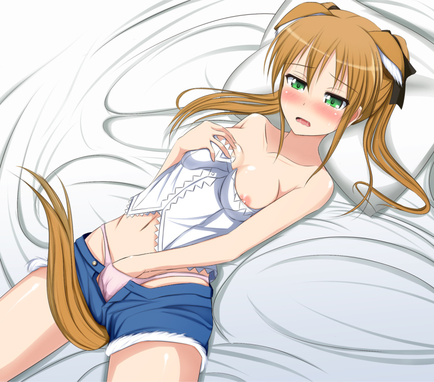 1girls 2010s 2012 ahe_gao animal_ears bare_shoulders bed bed_sheet bedroom blue_bottomwear blush breast_fondling breast_squeeze breasts brown_hair brown_tail bustier clothing cosplay denim_shorts dog_days dog_ears dog_tail exposed_breasts exposed_panties eyebrows_visible_through_hair female female_only green_eyes hair_ribbon hand_in_panties hand_in_underwear indoors kemonomimi_mode legs_apart leonmitchelli_galette_des_rois leonmitchelli_galette_des_rois_(cosplay) long_hair lying manga masturbation mild_tomboy nipple_slip nipples on_back on_bed panties pillow pink_underwear pussy_juice pussy_juice_stain rebecca_anderson ribbon shiny_hair shiny_skin shorts solo tachihaya_hiro tail tear tears_of_pleasure tied_hair tomboy top_down twintails unbuttoned_bottomwear underwear wet_panties white_topwear